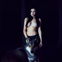 a sensuous woman in a mini skirt, standing in a dimly lit forest at night, with a wolf in front of her