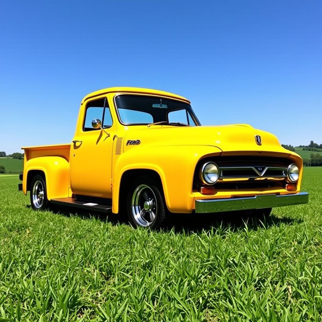 1953 Ford F100 pickup truck with matte yellow paint and black chrome trim, parked in a scenic countryside setting