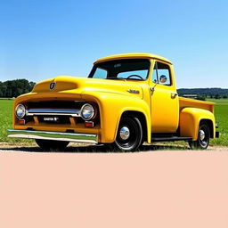 1953 Ford F100 pickup truck with matte yellow paint and black chrome trim, parked in a scenic countryside setting