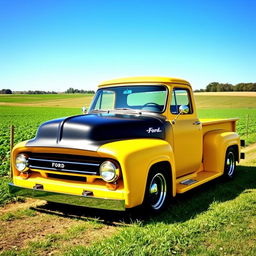 1953 Ford F100 pickup truck with matte yellow paint and black chrome trim, parked in a scenic countryside setting