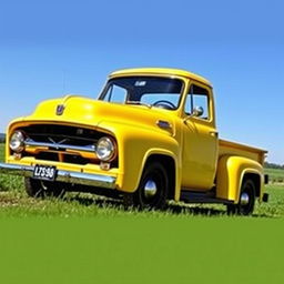 1953 Ford F100 pickup truck with matte yellow paint and black chrome trim, parked in a scenic countryside setting