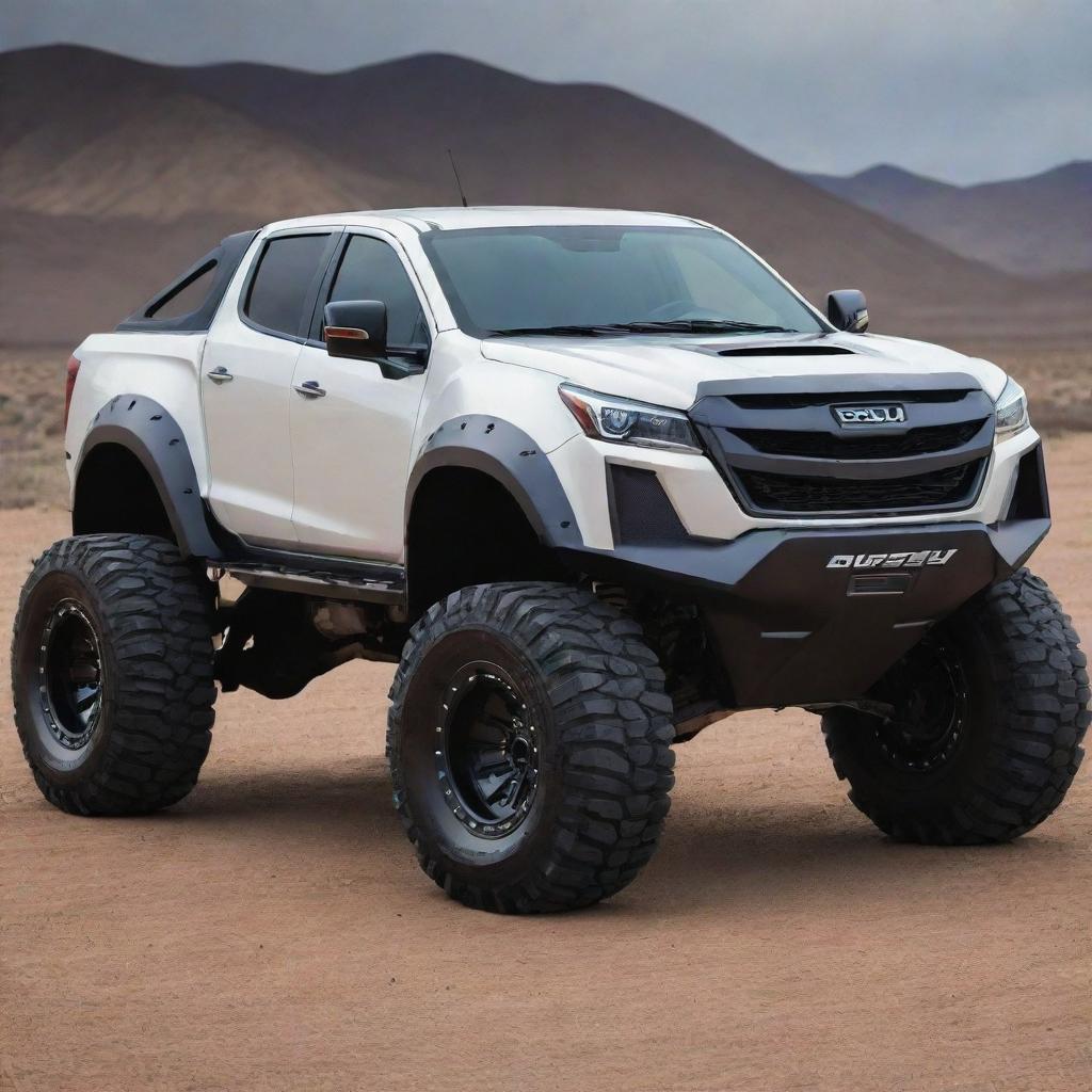 Envision a rugged Isuzu truck combined with the sleek, high-performance aesthetics of a Devel Sixteen, creating an unexpectedly powerful super truck concept