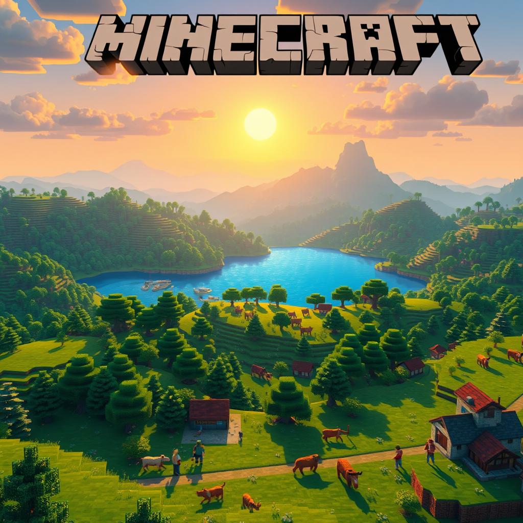 A vibrant Minecraft scene showcasing a picturesque landscape with rolling hills, lush green forests, and a serene lake