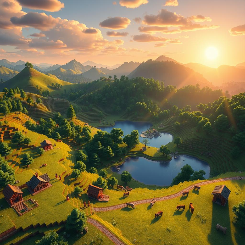 A vibrant Minecraft scene showcasing a picturesque landscape with rolling hills, lush green forests, and a serene lake