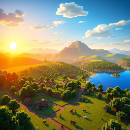 A vibrant Minecraft scene showcasing a picturesque landscape with rolling hills, lush green forests, and a serene lake