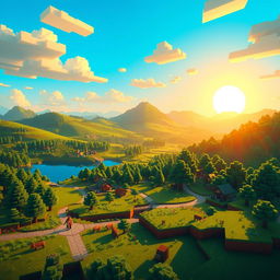 A vibrant Minecraft scene showcasing a picturesque landscape with rolling hills, lush green forests, and a serene lake