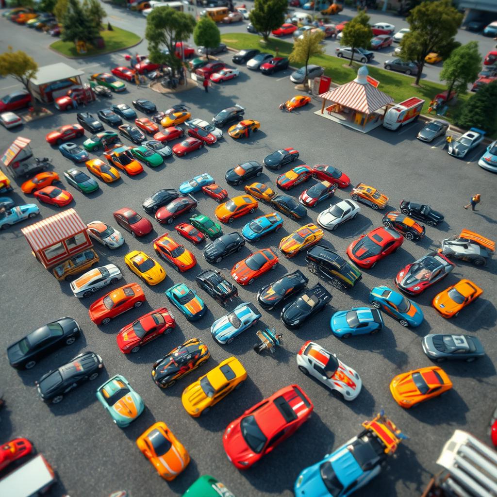 Aerial shot capturing a vibrant Hot Wheels car meet, featuring a variety of colorful and imaginative toy cars arranged in creative displays