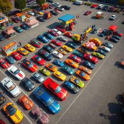 Aerial shot capturing a vibrant Hot Wheels car meet, featuring a variety of colorful and imaginative toy cars arranged in creative displays