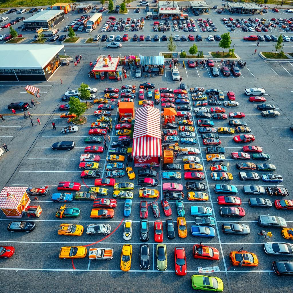 Aerial shot capturing a vibrant Hot Wheels car meet, featuring a variety of colorful and imaginative toy cars arranged in creative displays