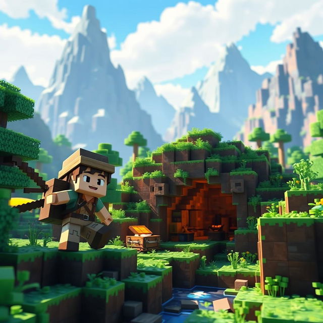 A lively Minecraft scene featuring a young boy character exploring a vibrant blocky landscape