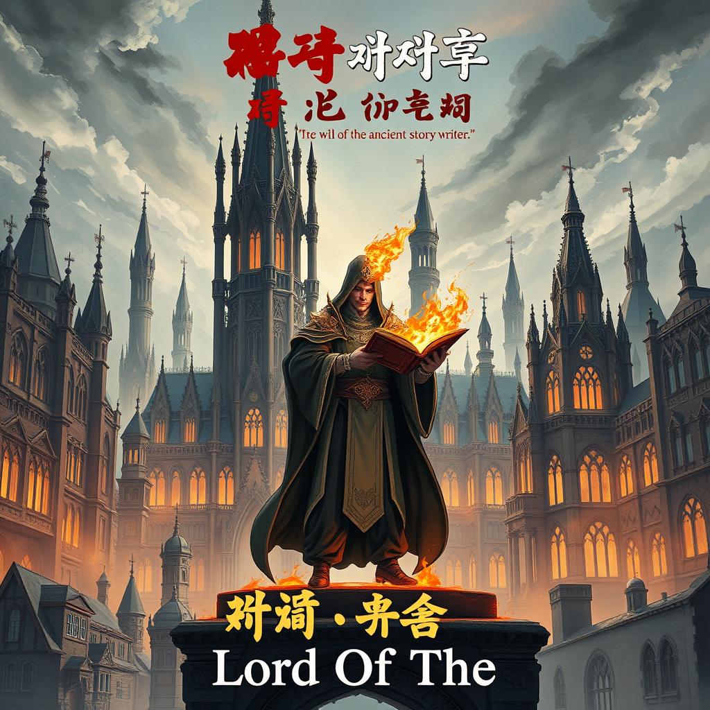 A manhwa-style poster featuring Gothic Revival architecture, depicting a city founded and rapidly developed by an organization known as Shadow Ancient