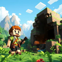 A lively Minecraft scene featuring a young boy character exploring a vibrant blocky landscape