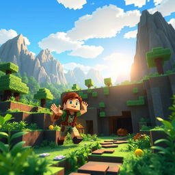 A lively Minecraft scene featuring a young boy character exploring a vibrant blocky landscape