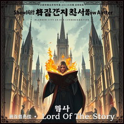 A manhwa-style poster featuring Gothic Revival architecture, depicting a city founded and rapidly developed by an organization known as Shadow Ancient