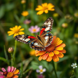 A realistic and vibrant butterfly resting on a colorful wildflower amidst a lush natural environment