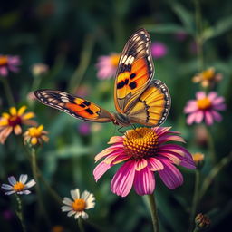 A realistic and vibrant butterfly resting on a colorful wildflower amidst a lush natural environment