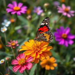 A realistic and vibrant butterfly resting on a colorful wildflower amidst a lush natural environment