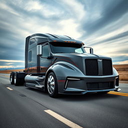 A unique fusion vehicle: a Mustang semi-truck with the aggressive front end of a Ford Mustang seamlessly integrated into the powerful body of a semi-truck