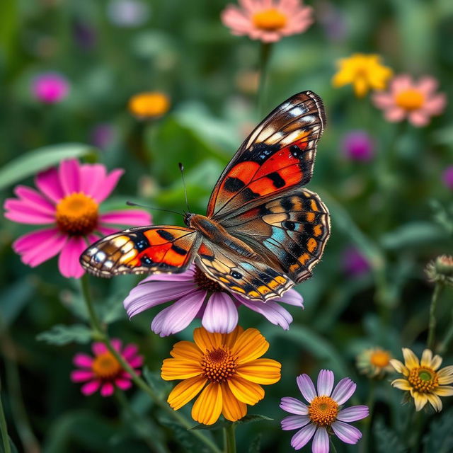 A realistic and vibrant butterfly resting on a colorful wildflower amidst a lush natural environment