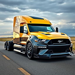 A unique fusion vehicle: a Mustang semi-truck with the aggressive front end of a Ford Mustang seamlessly integrated into the powerful body of a semi-truck