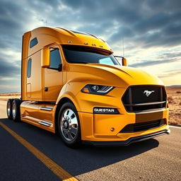 A unique fusion vehicle: a Mustang semi-truck with the aggressive front end of a Ford Mustang seamlessly integrated into the powerful body of a semi-truck