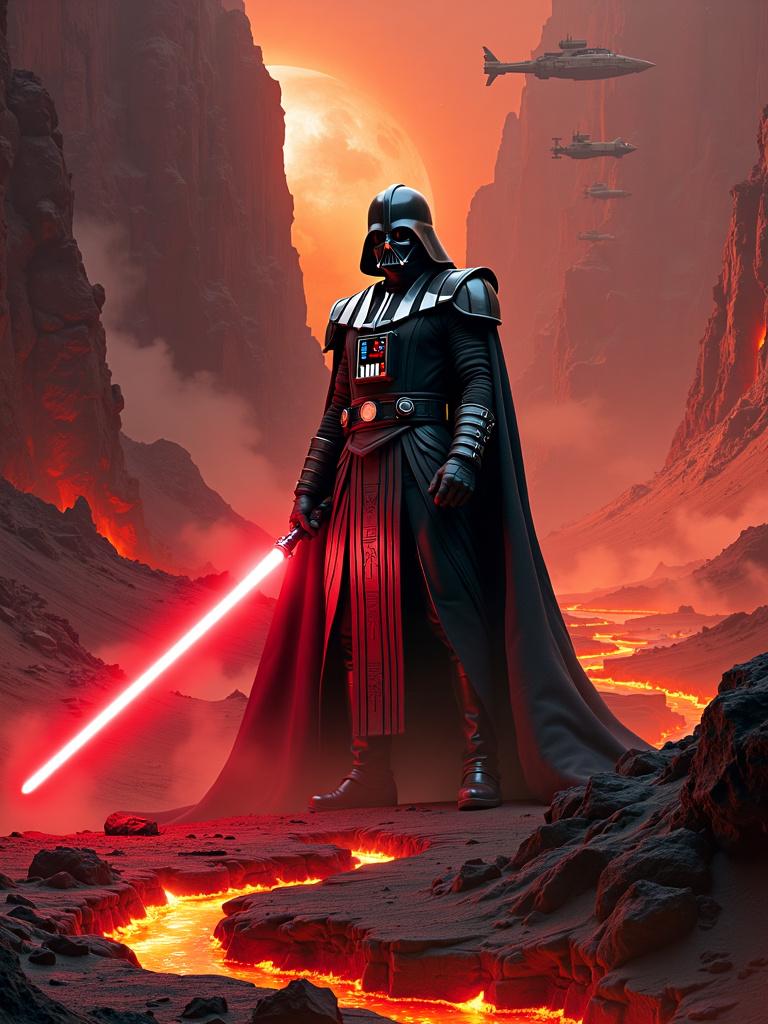 A high-definition Star Wars themed poster featuring a formidable Sith Lord character, surrounded by a dramatic scene on the volcanic planet Mustafar