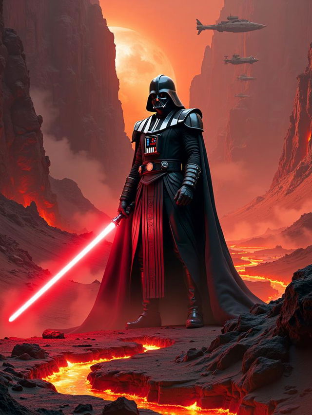 A high-definition Star Wars themed poster featuring a formidable Sith Lord character, surrounded by a dramatic scene on the volcanic planet Mustafar