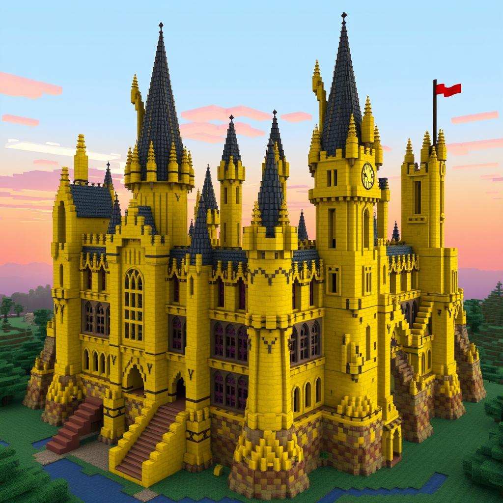 A stunning Minecraft recreation of Hogwarts Castle from the Harry Potter series, with a unique twist: the entire structure is built using various shades of yellow blocks