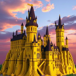 A stunning Minecraft recreation of Hogwarts Castle from the Harry Potter series, with a unique twist: the entire structure is built using various shades of yellow blocks