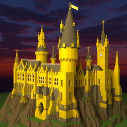 A stunning Minecraft recreation of Hogwarts Castle from the Harry Potter series, with a unique twist: the entire structure is built using various shades of yellow blocks