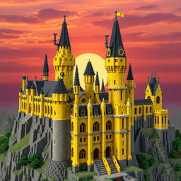 A stunning Minecraft recreation of Hogwarts Castle from the Harry Potter series, with a unique twist: the entire structure is built using various shades of yellow blocks