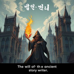 A manhwa-style poster featuring Gothic Revival architecture, showing a city founded and rapidly developed by an organization known as Shadow Ancient