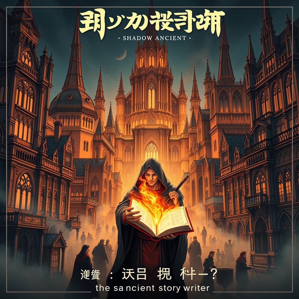 A manhwa-style poster featuring Gothic Revival architecture, showing a city founded and rapidly developed by an organization known as Shadow Ancient