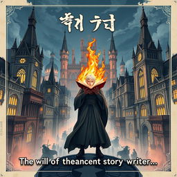 A manhwa-style poster featuring Gothic Revival architecture, showing a city founded and rapidly developed by an organization known as Shadow Ancient