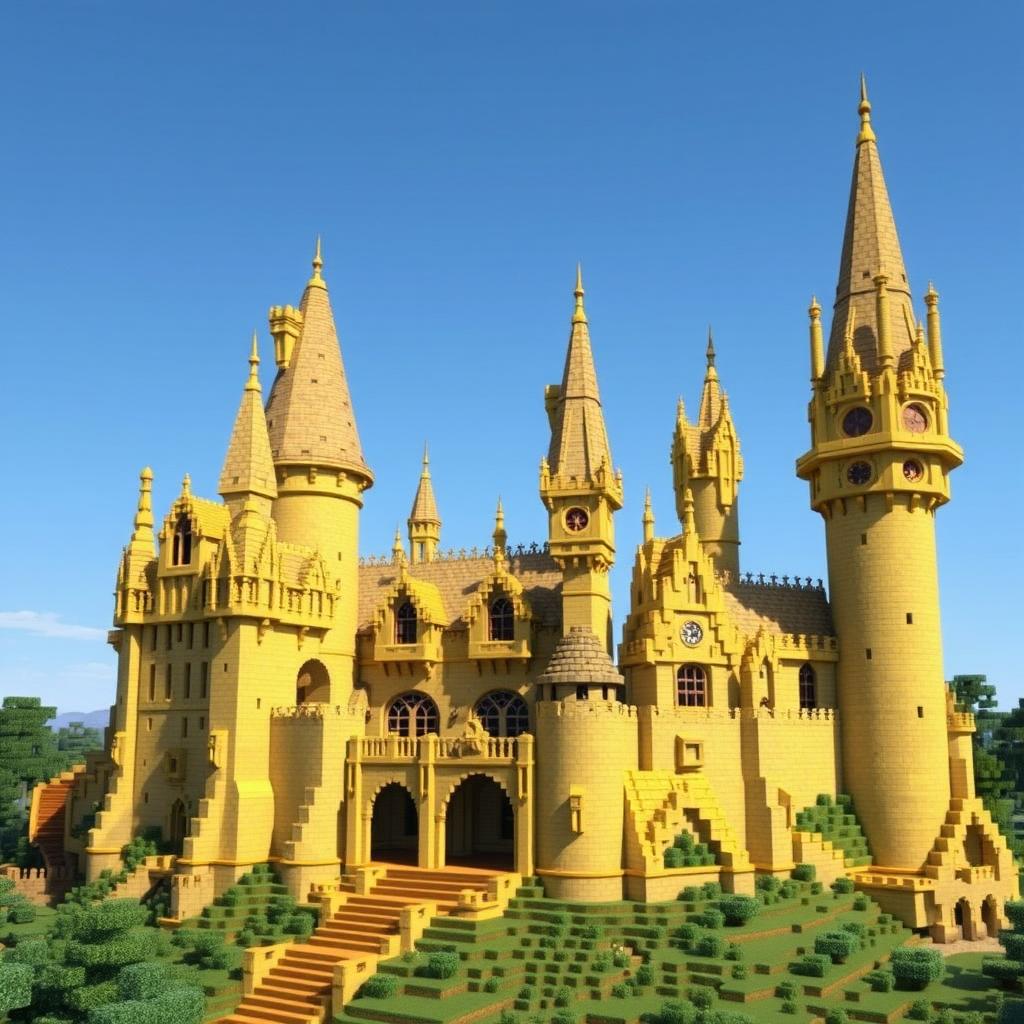 A stunning Minecraft recreation of Hogwarts Castle, entirely constructed with various shades of yellow blocks