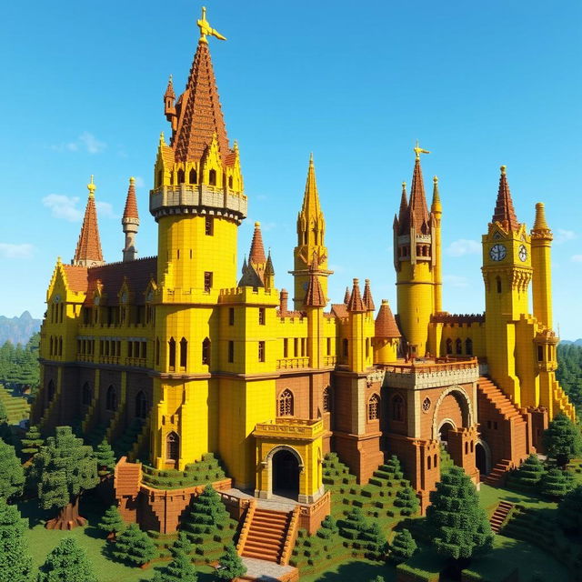 A stunning Minecraft recreation of Hogwarts Castle, entirely constructed with various shades of yellow blocks