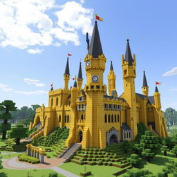 A stunning Minecraft recreation of Hogwarts Castle, entirely constructed with various shades of yellow blocks