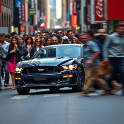 A Ford Mustang abruptly stopping on a crowded street as pedestrians quickly move out of the way