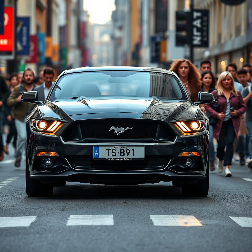 A Ford Mustang abruptly stopping on a crowded street as pedestrians quickly move out of the way