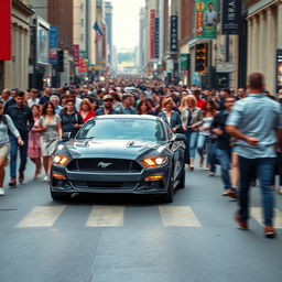 A Ford Mustang abruptly stopping on a crowded street as pedestrians quickly move out of the way