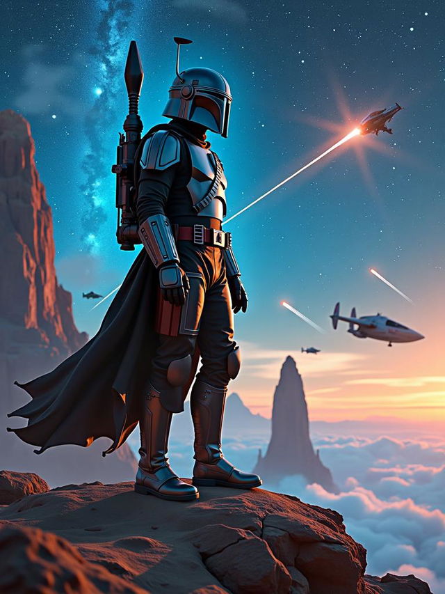 A high-definition Star Wars themed poster portraying the captivating allure of a galactic bounty hunter standing on a rugged alien terrain