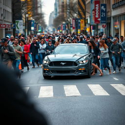 A Ford Mustang abruptly stopping on a crowded street as pedestrians quickly move out of the way