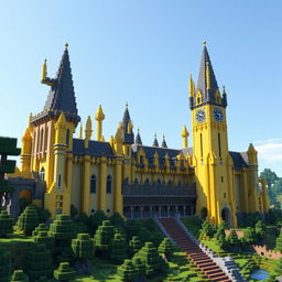 A stunning Minecraft recreation of Hogwarts Castle from the Harry Potter universe, rendered completely in various shades of yellow blocks