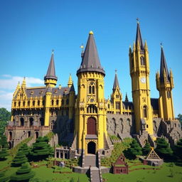 A stunning Minecraft recreation of Hogwarts Castle from the Harry Potter universe, rendered completely in various shades of yellow blocks