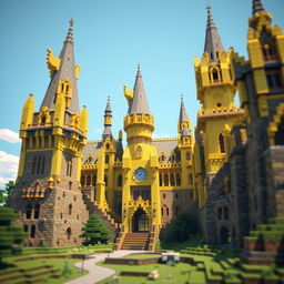 A stunning Minecraft recreation of Hogwarts Castle from the Harry Potter universe, rendered completely in various shades of yellow blocks