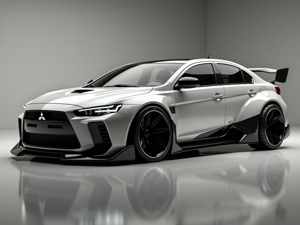 Beautiful future car concept merging the robust, powerful structure of a tank with the sporty, agile essence of a Mitsubishi Lancer