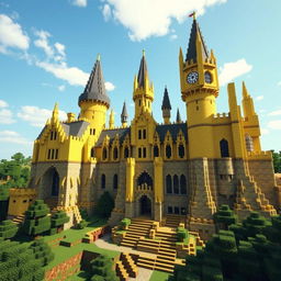 A stunning Minecraft recreation of Hogwarts Castle from the Harry Potter universe, rendered completely in various shades of yellow blocks