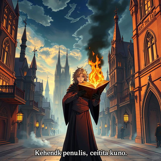 An anime-style poster featuring Gothic Revival architecture, depicting a city founded and rapidly developed by an organization known as Shadow Ancient