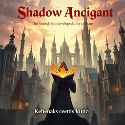 An anime-style poster featuring Gothic Revival architecture, depicting a city founded and rapidly developed by an organization known as Shadow Ancient