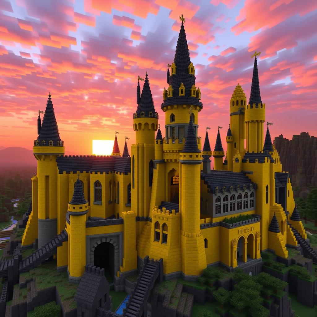 A Minecraft version of Hogwarts Castle from Harry Potter, entirely built with yellow blocks in various shades, emphasizing a unique and magical aesthetic